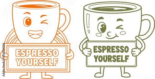 Funny coffee cups characters orange and green winking holding sign espresso yourself fun playful joke
