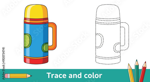 The coloring page activity shows a thermos flask design.