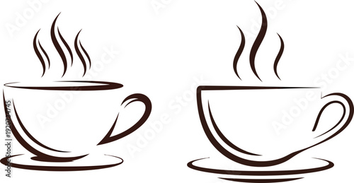 Outline of two steaming coffee cups on saucers