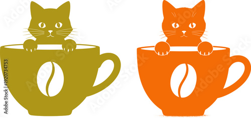 Pair of identical cats in teacups with coffee bean symbol on neutral background