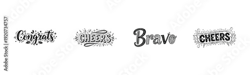Decorative celebration words: congrats, cheers, bravo in black and white