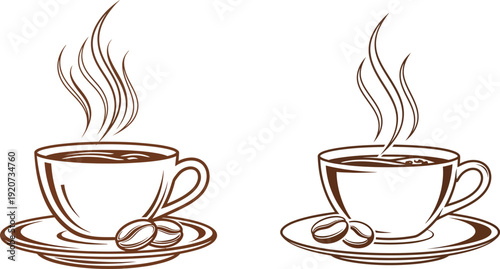 Outline drawings of steaming coffee cups with saucers and beans