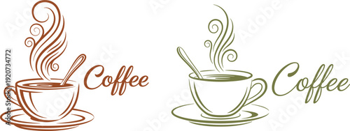 Pair of identical coffee cups with steam and word coffee on neutral background