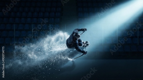 Paralympic ice hockey player in adaptive sled navigating icy terrain, intense action captured from a dynamic low-angle viewpoint.