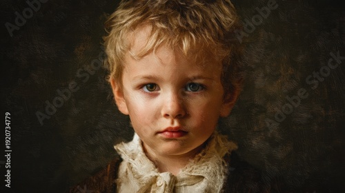 A child stands still looking directly at the viewer with a serious expression. The child has blond hair and blue eyes and wears a simple brown outfit. The background is dark.