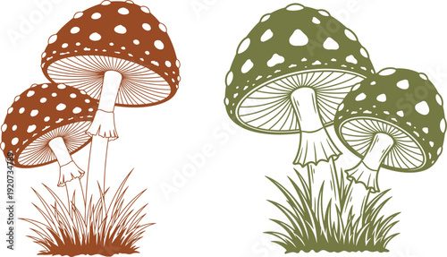 Pair of identical mushrooms with polka dots and grass on neutral background