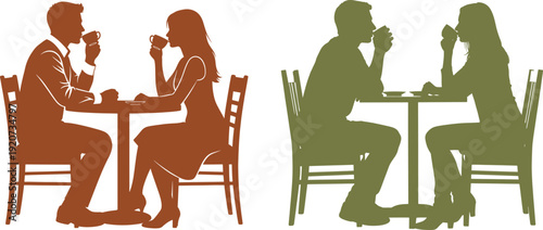 Pair of identical couples sitting at tables drinking coffee on neutral background