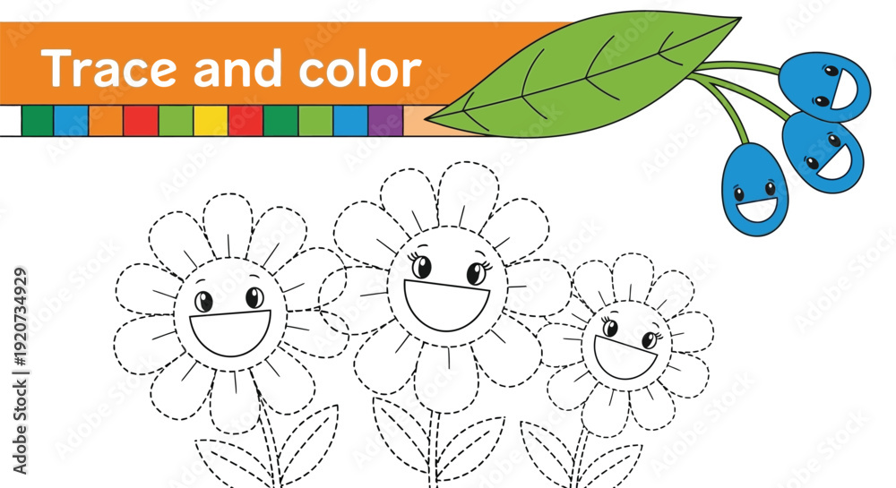 Naklejka premium Trace and color the smiling cartoon flowers worksheet activity.