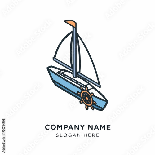 Sailboat logo design with blue hull and orange sail emblem.