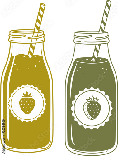Two refreshing strawberry smoothies in glass bottles with straws yellow and green healthy drink