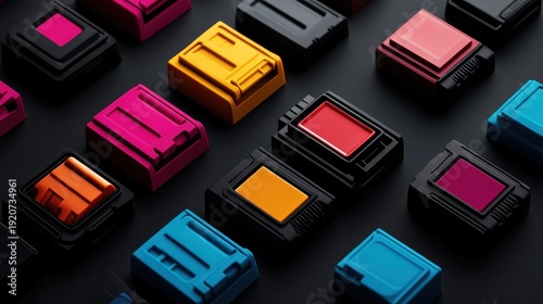 Assortment of Vibrant Modern Ink Cartridges Displayed in Studio Lighting with Sleek Labels