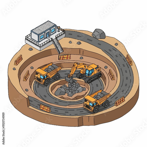 Construction site with excavators and dump trucks in a circular pit.