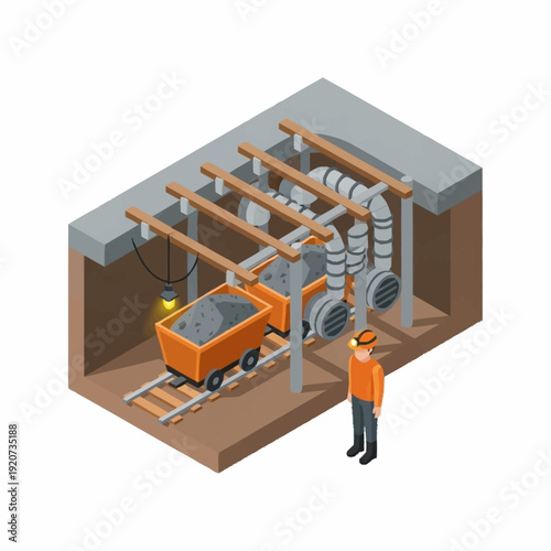 Underground mining operation with worker and machinery.