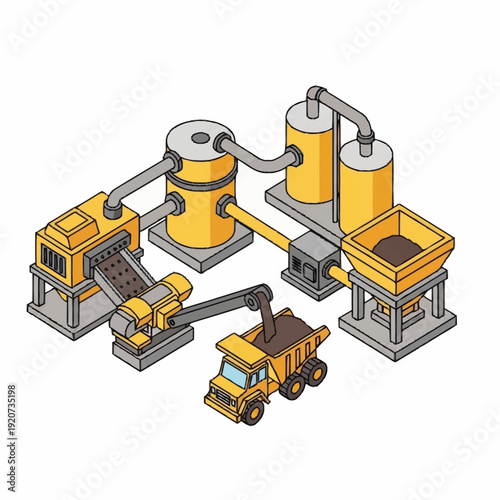 Industrial facility with machinery and dump truck.