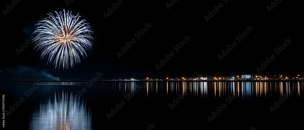 Fototapeta premium A single firework bursts above a calm bay reflecting lights from a distant shoreline