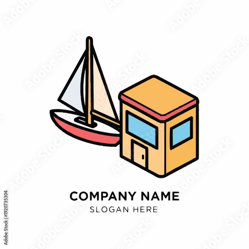 Colorful cartoon illustration of a small sailboat and a booth or kiosk.