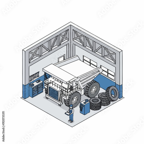 Isometric illustration of a truck in a garage with tires and equipment.