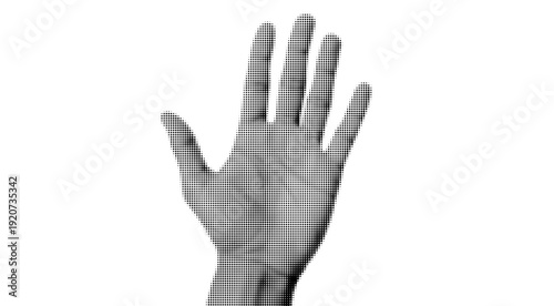 Halftone Dotted Raised Open Palm Hand Vector Illustration Black and White