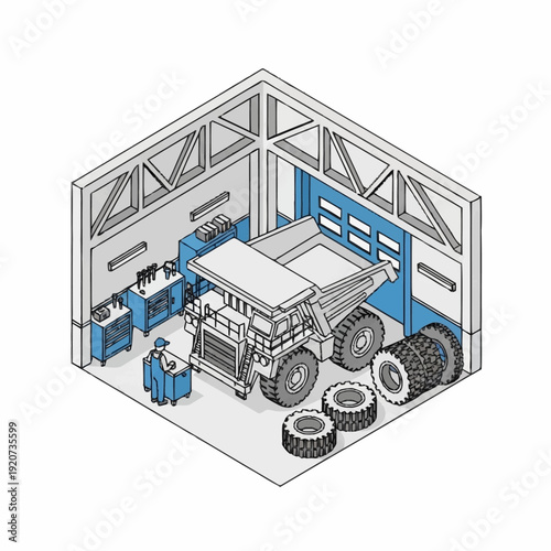 Isometric illustration of a truck repair workshop with a mechanic working on a vehicle.