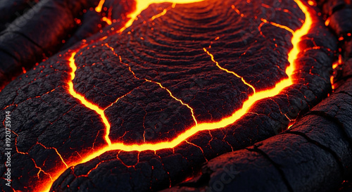 Glowing neon gradient lava cracks spread across a surreal volcanic landscape