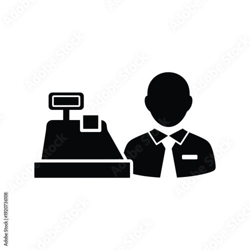Black Solid Cashier with Cash Register Glyph Icon Vector