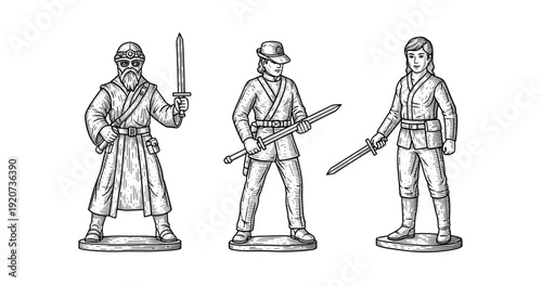 Vintage warrior figurines with swords in engraved style