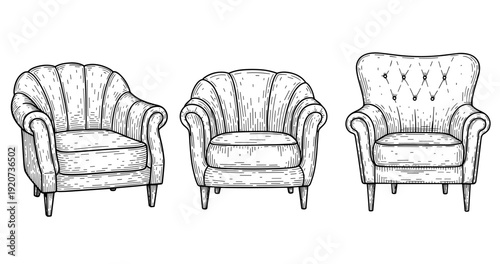 Vintage armchair sketch collection: three distinct upholstery designs