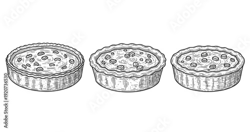 Hand-drawn trio of pies: raisin, cherry, and blueberry in vintage style