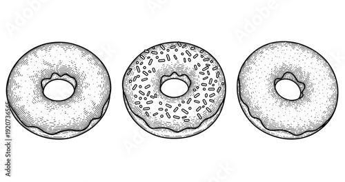 Hand-drawn donut trio: plain, sprinkled, and iced treats in vintage style