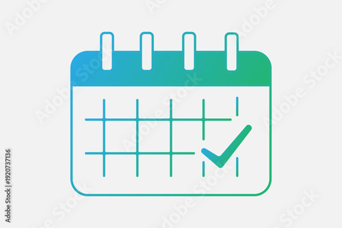 The image features a stylized icon of a spiral-bound calendar with a minimalist design. It uses a vibrant teal-to-green gradient against a light grey background.