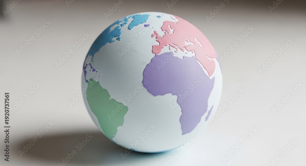 Fototapeta premium A globe with different colored continents, placed on a white surface with a shadow.