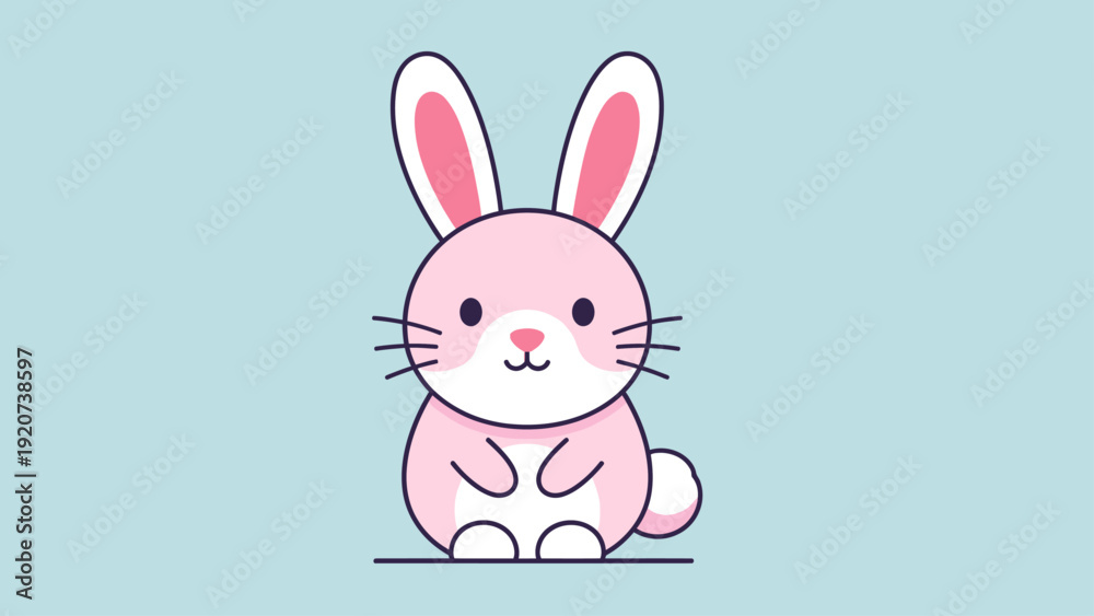 Obraz premium A cute pink cartoon rabbit sitting on a light blue background.