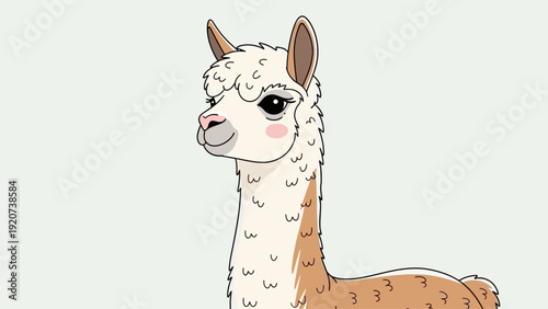 Cute cartoon llama looking friendly on a white background.
