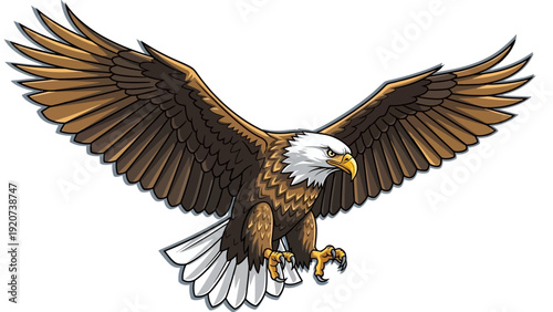 Vector illustration of a powerful bald eagle mascot swooping down with spread wings.