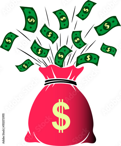 Dynamic Business Vector featuring a vibrant red money bag overflowing with dollar banknotes, symbolizing financial success, wealth, and prosperity. Ideal for illustrating income growth
