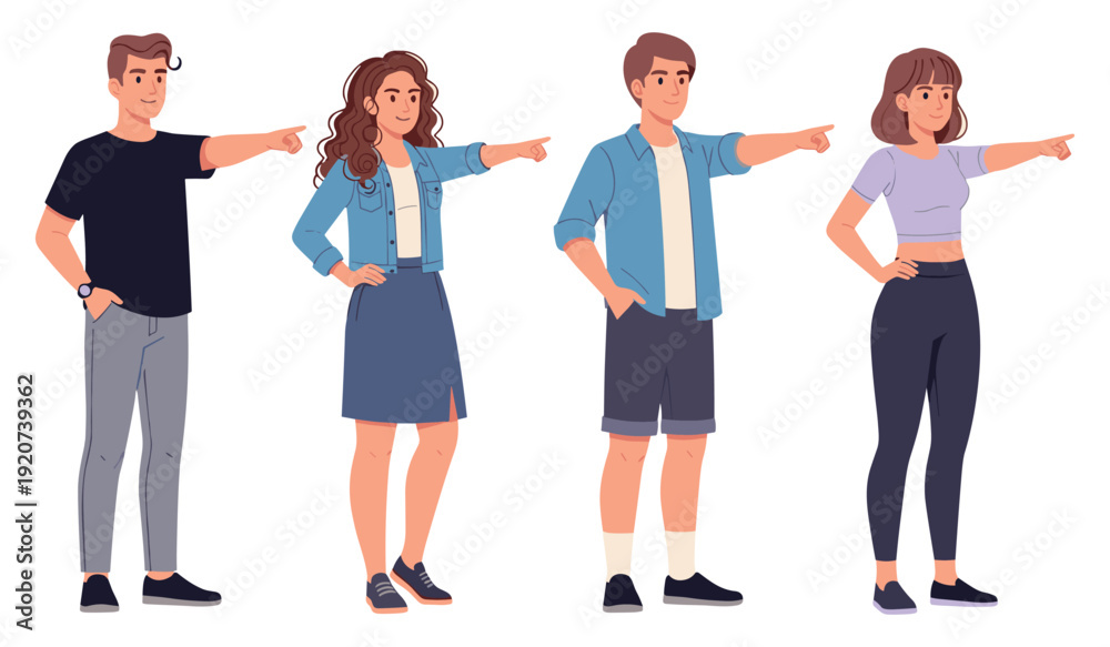 Fototapeta premium Group of diverse young adults pointing forward on white background
