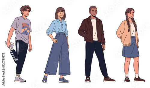 Diverse young adults in casual fashion illustration