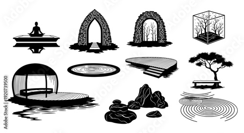 Zen Meditation Spaces and Minimalist Spiritual Garden Icons