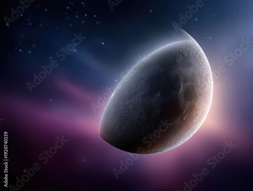Moon rising over a colorful space background with stars in view