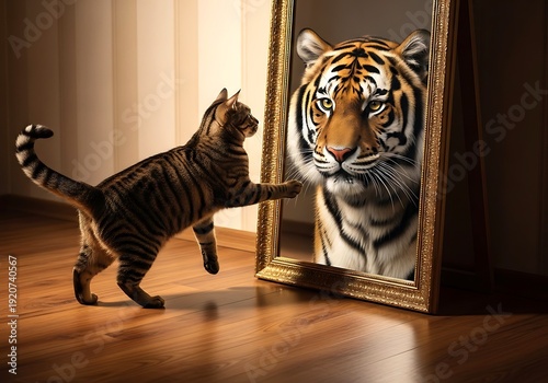 Curious tabby cat looking at tiger reflection in gold framed picture