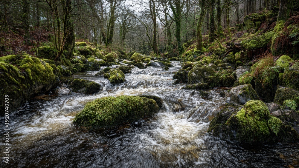 Obraz premium Forest river with moss-covered rocks
