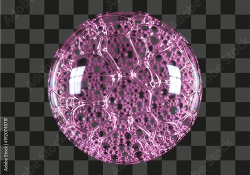 Vibrant pink soap bubble sphere showcasing intricate cellular patterns and light reflections