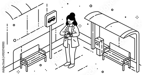 Isometric illustration of female at bus stop in urban setting