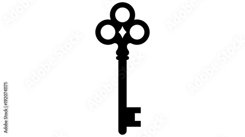 Vector antique skeleton key silhouette illustration with ornate bow, vintage lock symbol, access graphics, secrets design, unlocking knowledge emblem, decorative classic icon set