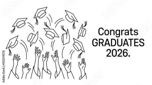 Vector graduation celebration illustration with caps thrown, raised hands, congrats graduates 2026 text, academic achievement graphics, ceremony design, student success emblem, education milestone ico