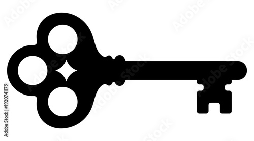 Vector antique skeleton key silhouette illustration with ornate bow, vintage lock symbol, access graphics, secrets design, unlocking knowledge emblem, decorative classic icon set