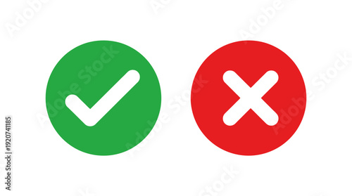 Vector approval and rejection icons collection including green check mark and red cross, correctness graphics, decision symbols, user interface design, educational illustration set