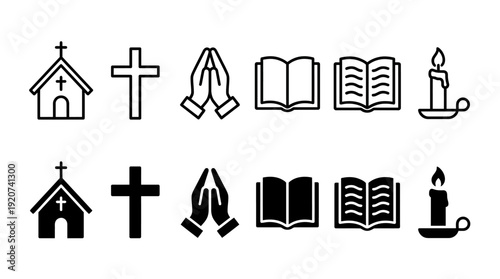 Vector religious icons collection including church, cross, praying hands, Bible, scripture book, candle, Christian symbols, faith graphics, worship design, spiritual emblem illustration set