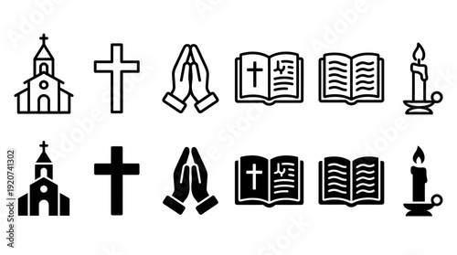 Vector religious icons collection including church, cross, praying hands, Bible, scripture book, candle, Christian symbols, faith graphics, worship design, spiritual emblem illustration set