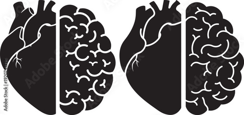 Split brain and heart silhouette icons